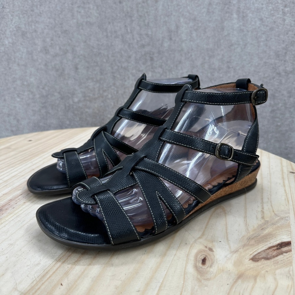 Indigo by Clarks Womens Black Leather Gladiator Strappy Cork Wedge Sandals 8M
